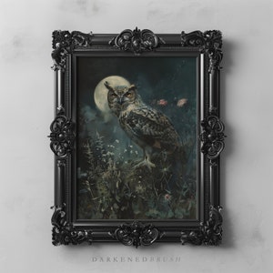 Horned Night Owl Art Printable Wall Art, Full Moon Dark Moody Forest ...