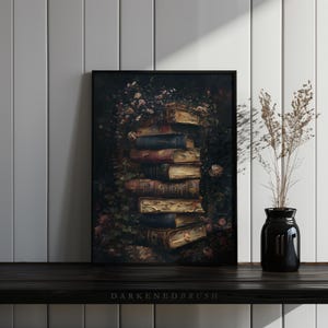 May include: A stack of vintage books with worn leather covers, surrounded by lush green foliage and delicate white flowers. The books are arranged in a tower, with the top book slightly tilted. The image has a dark and moody aesthetic.