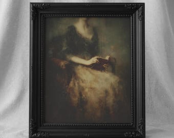 Dark Academia Woman Reading Print, Victorian Gothic Book Art, Moody Antique Portrait Decor, Romantic Literary Wall Art 568