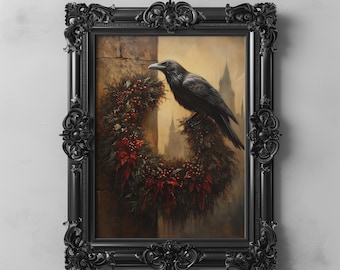 Gothic Raven and Wreath Art Printable Victorian Christmas Art, Gothic Dark Festive Holiday Wreath Dark Academia Vintage Christmas Wall Art