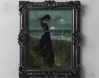 May include: A framed painting of a woman in a black dress standing on a beach at night, looking at a piece of paper in her hand. The moon is visible in the sky and the ocean is in the background.