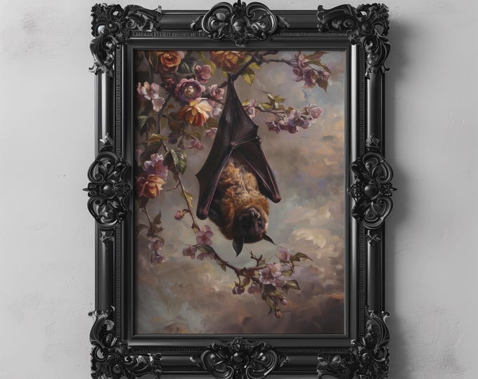Floral Botanical Bat Wall Decor Dark Cottagecore Oil Painting Print, Fantasy Forest Art, Gothic Bat Gift Flower Animal Wall Decor
