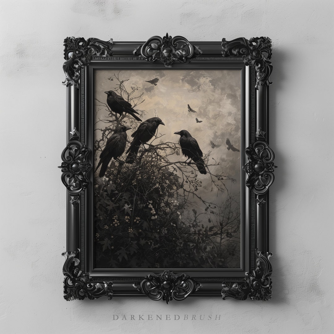 Birds on Branch Vintage Raven Art Painting, Moody Victorian Art