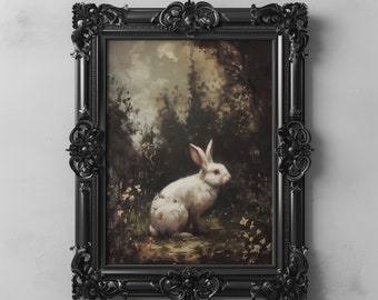 Peut inclure: Un lapin blanc est assis dans une clairière de forêt, entouré de verdure et de fleurs sauvages. Le lapin est tourné vers la droite, les oreilles dressées. L'arrière-plan est un vert et un brun doux et estompés, avec une touche de bleu dans le ciel. L'image est encadrée dans un cadre noir orné.