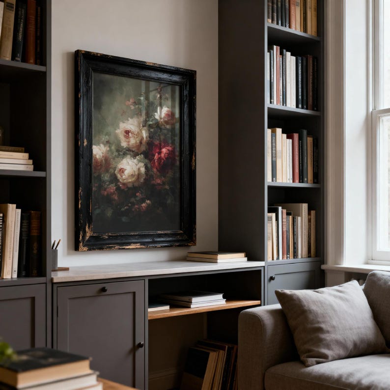 Rose Floral Wall Art, Moody Botanical Painting, Dark Academia Decor, Gothic Physical Archival Print 863