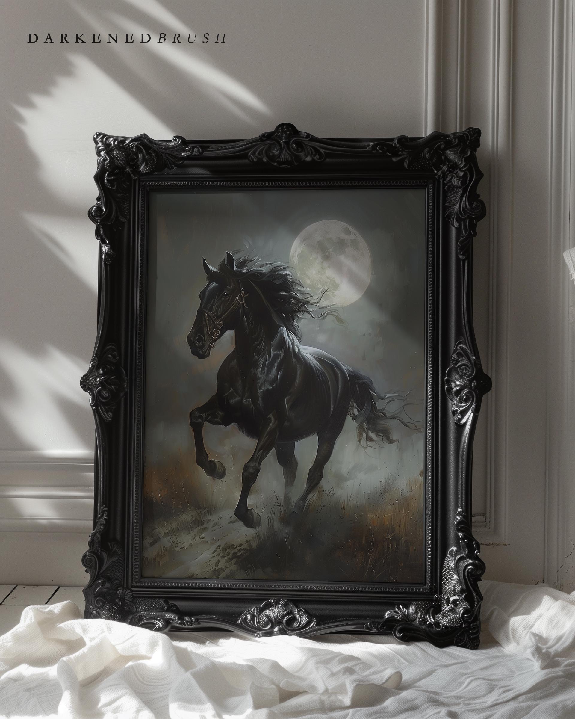 Dark Horse Under Full Moon Gothic Night Art Dark Cottagecore