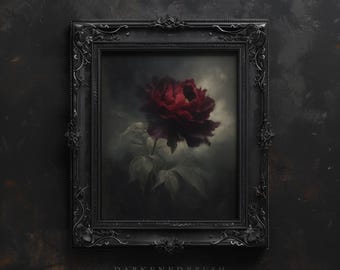 Dark Red Peony Wall Art, Gothic Floral Printable, Victorian Flower