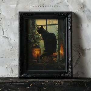May include: A black cat sits on a stack of books in front of a window with a plant in a pot. The cat is looking to the left. The window is open and there is a dark forest outside. There are candles on the windowsill.
