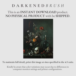 May include: A still life painting depicting a skull, flowers, and bottles against a dark green backdrop. The flowers are predominantly white and yellow, with a few red blooms. The bottles are made of clear glass and contain a dark liquid. The skull is white with a dark eye socket.