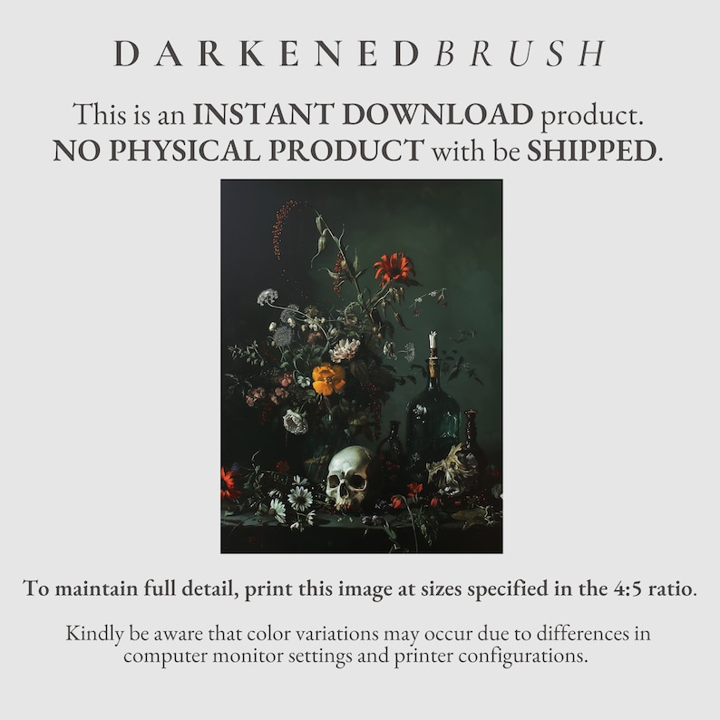 May include: A still life painting depicting a skull, flowers, and bottles against a dark green backdrop. The flowers are predominantly white and yellow, with a few red blooms. The bottles are made of clear glass and contain a dark liquid. The skull is white with a dark eye socket.