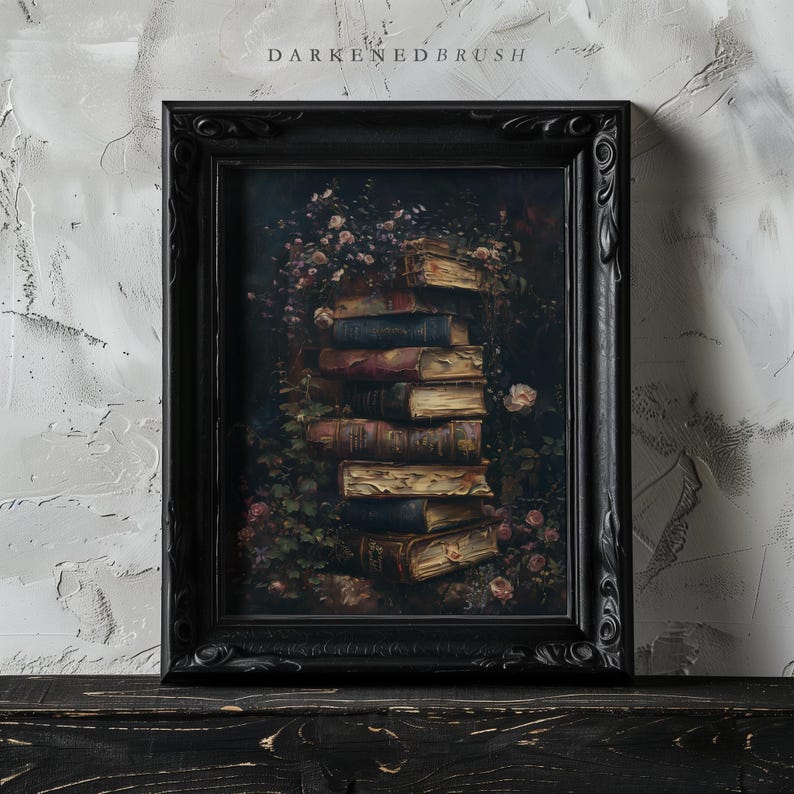 Dark Academia Antique Vintage Books and Roses Wall Art, Vintage Botanical Bookish Decor, Moody Floral Literary Art Victorian Academia Print image 2