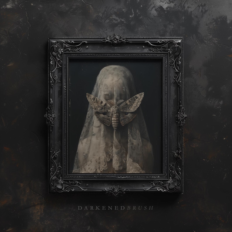 May include: A black framed painting of a person wearing a white veil with a large moth covering their face. The background is dark and the painting is titled "Darkened Brush".
