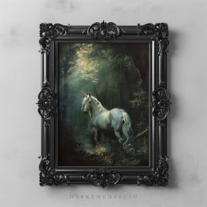 Wald Einhorn Kunst zum Ausdrucken, Vintage Märchen ästhetik, mystische Wald Fantasy Kreatur, verträumte Landschaft, Cottagecore Dekor