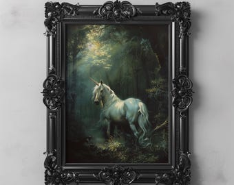 Sztuka leśnego jednorożca do druku, estetyka w stylu vintage z bajek, mistyczne stworzenie fantasy z ciemnego lasu, marzycielski krajobraz, wystrój dark cottagecore