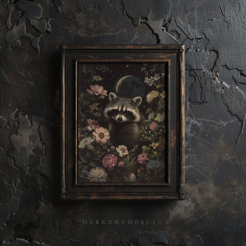 May include: A framed illustration of a raccoon surrounded by flowers and a crescent moon. The raccoon has black eyes and a black nose. The flowers are pink, white, and blue. The background is dark.