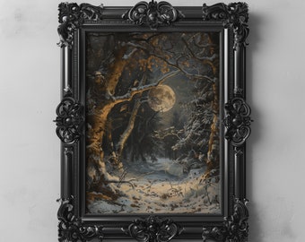 Volle maan winter donker bos Art Print donkere Cottagecore humeurig kerstkunst gotische besneeuwde winterlandschap afdrukbare Enchanted Woodland Decor