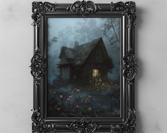 Dark Forest Farmhouse Cottage Art Printable, Dark Cottagecore Landscape Print, Wildflowers Cabin Moody Wall Art, Mystical Nature Home Decor