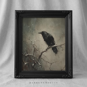 Cuervo en una rama desnuda, arte mural gótico de pájaro cuervo, decoración de bosque invernal de Dark Academia Nature, imprimible 563