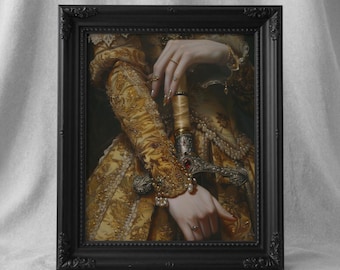 Victorian Woman with Sword in Gold Gown – Medieval Renaissance Dark Academia Art Printable Romantic Royal Portrait Poster Wall Decor