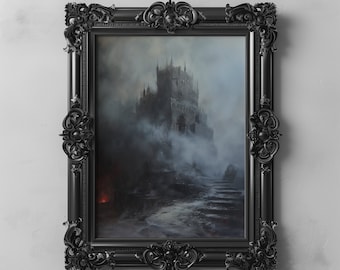 Donkere gotische kathedraal kasteel afdrukbare kunst, donker olieverfschilderij, Dark Academia Victoriaans Goth decor, humeurige muurkunst poster print, Goth kunst