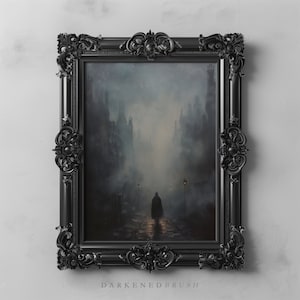 Gothic Foggy Street Art Painting, Dark Academia Decor, Victorian Wall Art, Moody Landscape, Mysterious Night Painting, Gothic Printable Art
