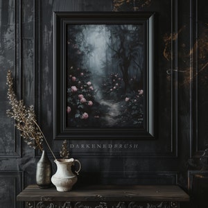 May include: A framed painting of a misty forest path lined with pink roses. The painting is in a black frame and has the text "Darkened Brush" below it.