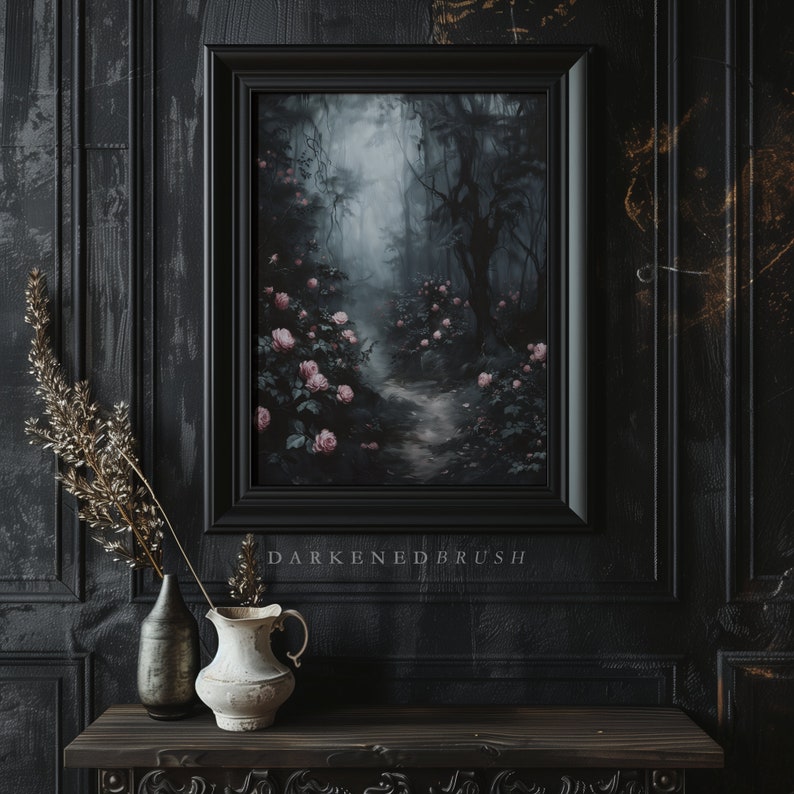 May include: A framed painting of a misty forest path lined with pink roses. The painting is in a black frame and has the text "Darkened Brush" below it.