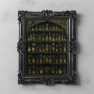 Witch Apothecary Moody Dark Botanical Printable, Vintage Goth Cottagecore, Dark Academia Print, Dark Floral Witch Kitchen Wall Art Decor