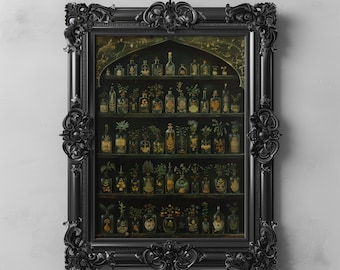 Witch Apothecary Moody Dark Botanical Printable, Vintage Goth Cottagecore, Dark Academia Print, Dark Floral Witch Kitchen Wall Art Decor