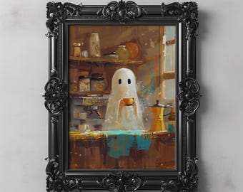 Vintage Barista Ghost Coffee Art Cute Halloween Kitchen Decor, Ghost Painting Autumn Fall Coffee Wall Art Printable Spooky Season Fall Decor