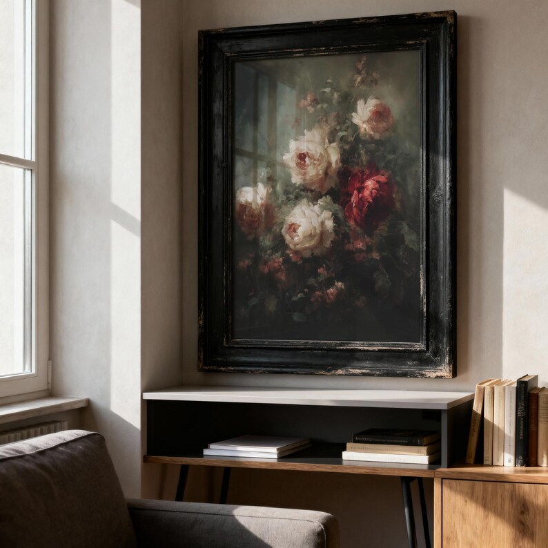 Rose Floral Wall Art, Moody Botanical Painting, Dark Academia Decor, Gothic Physical Archival Print 863