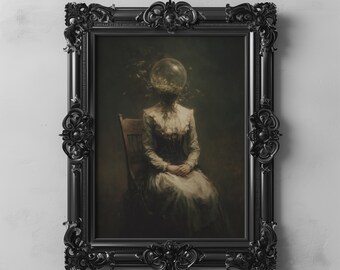 May include: A framed artwork featuring a seated figure with a transparent orb head, wearing a long dress. The dark, ornate black frame contrasts with the muted tones of the painting. The artwork is signed "DARKENEBRUSH" at the bottom.