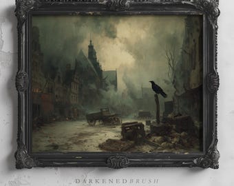 Verlassener gotischer Stadtplatz mit Rabenkrähe, viktorianisches Dark Academia rustikales Ölgemälde Landschaft druckbare launische Halloween Wandkunst 203