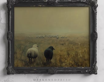 Humeurige landschap schapen Art Print, rustiek landdecor, dierenschilderij donkere Cottagecore platteland kunst afdrukbare vintage boerderij kunst aan de muur