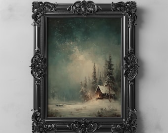 Hohe Kiefern Bäume im Schnee unter der sanften Dämmerung, Gothic Weihnachten Nacht Winter Natur Landschaft Cottagecore Woodland druckbare Kunst 356