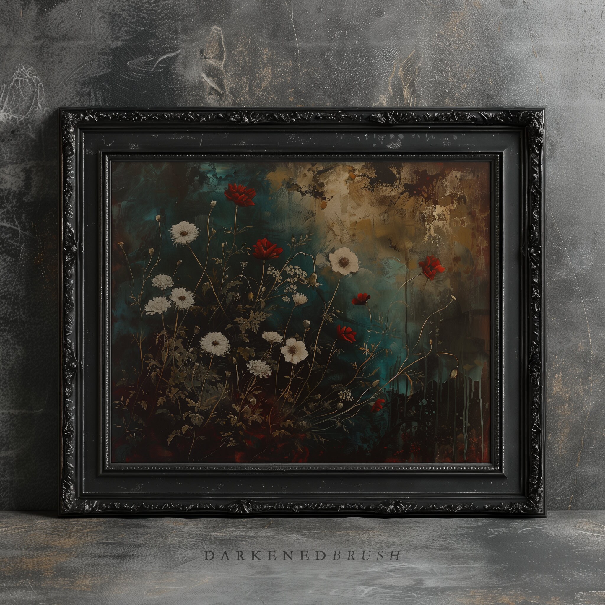 Vintage Moody Botanical Wild Flower Painting Printable, Dark Floral ...