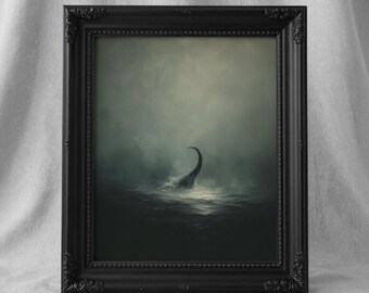 Arte imprimible de una misteriosa serpiente marina, criatura oceánica melancólica, decoración de pared, obra de arte costero de fantasía oscura, pintura náutica gótica 627