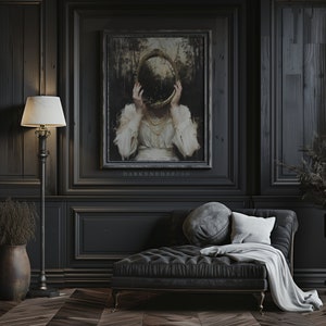 May include: A dark room with a black chaise lounge, a floor lamp, and a framed picture of a woman holding a mirror. The picture is titled "Darkened Brush".