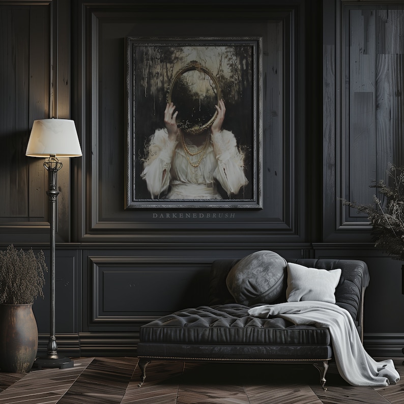 May include: A dark room with a black chaise lounge, a floor lamp, and a framed picture of a woman holding a mirror. The picture is titled "Darkened Brush".