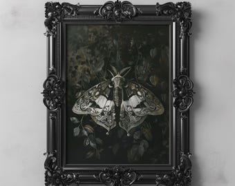 Wit zwarte nachtvlinder print donkere cottagecore kunst, gotische botanische kunst fantasie nachtvlinder schilderij, humeurige vintage kunst bos decor, donkere natuur print