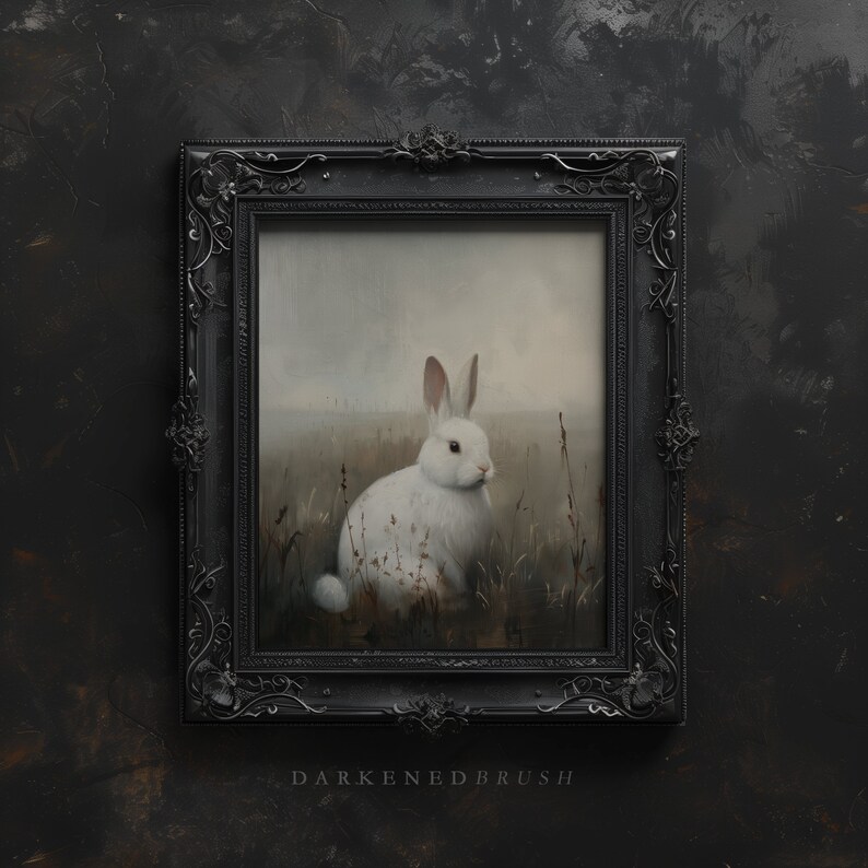May include: A framed painting of a white rabbit sitting in a field of tall grass. The rabbit is looking to the right, and the background is a soft, hazy blue.
