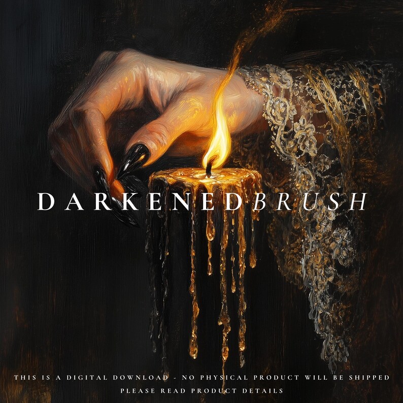 May include: Digital art featuring a hand with long, black nails holding a lit candle. The candle wax drips down, and the text "DARKENEDBRUSH" is displayed. The image has a dark, gothic aesthetic.