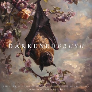 May include: A digital painting of a brown bat hanging upside down from a branch of a flowering tree. The bat is in focus, and the background is blurred. The text "DARKENEDBRUSH" is written in white letters across the top of the image.