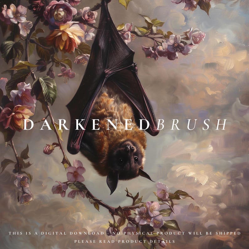 May include: A digital painting of a brown bat hanging upside down from a branch of a flowering tree. The bat is in focus, and the background is blurred. The text "DARKENEDBRUSH" is written in white letters across the top of the image.