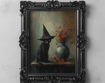 Cute Black Cat Witch With Dark Botanicals, Dark Floral Art, Red Flowers Oil Painting, Wicca Witchy Wall Art, Gothic Victorian Cat Lover Gift