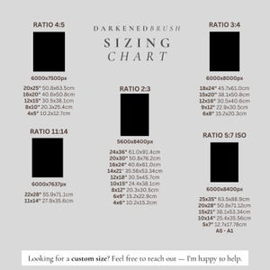 May include: A sizing chart with the text "DARKENEDBRUSH SIZING CHART" and various aspect ratios, including 4:5, 3:4, 2:3, 11:14, and 5:7 ISO. Each ratio displays dimensions in inches and centimeters, with a call to action for custom sizes.
