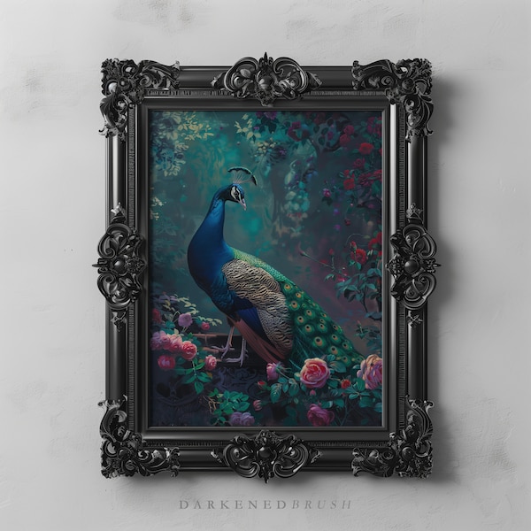 Dark Floral Peacock Bird Wall Art Painting, Dark Academia Cottagecore Decor, Woodland Forest Animal Rose Botanical Printable Art Download