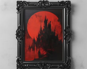 May include: A black ornate frame with a red and black gothic castle illustration. The castle is silhouetted against a red moon.