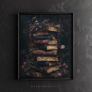 Dark Academia Antique Vintage Books and Roses Wall Art, Vintage Botanical Bookish Decor, Moody Floral Literary Art Victorian Academia Print image 9