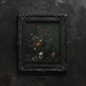 May include: A black framed painting depicting a still life with flowers, a skull, and bottles. The painting is set against a dark background.